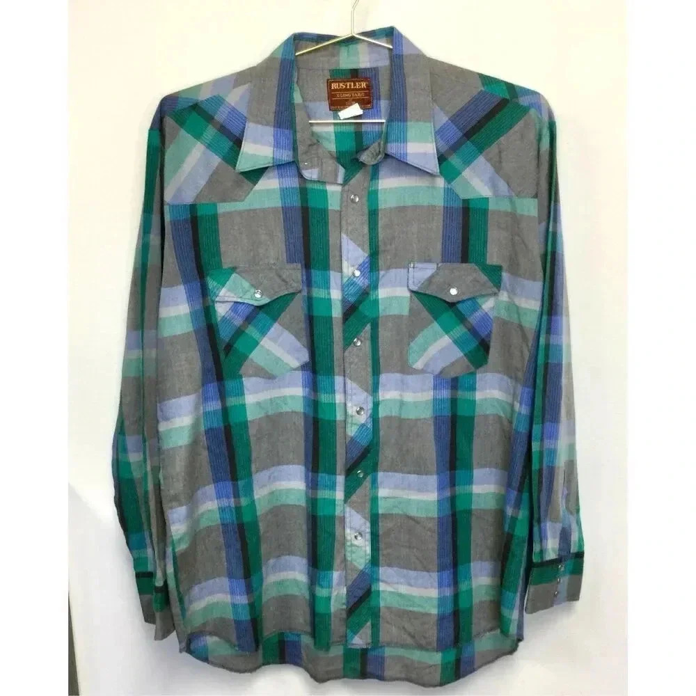 Rustler Mens Multi-Color Plaid X-Long Tails Cowboy Rodeo Rancher Shirt Size 17 3
